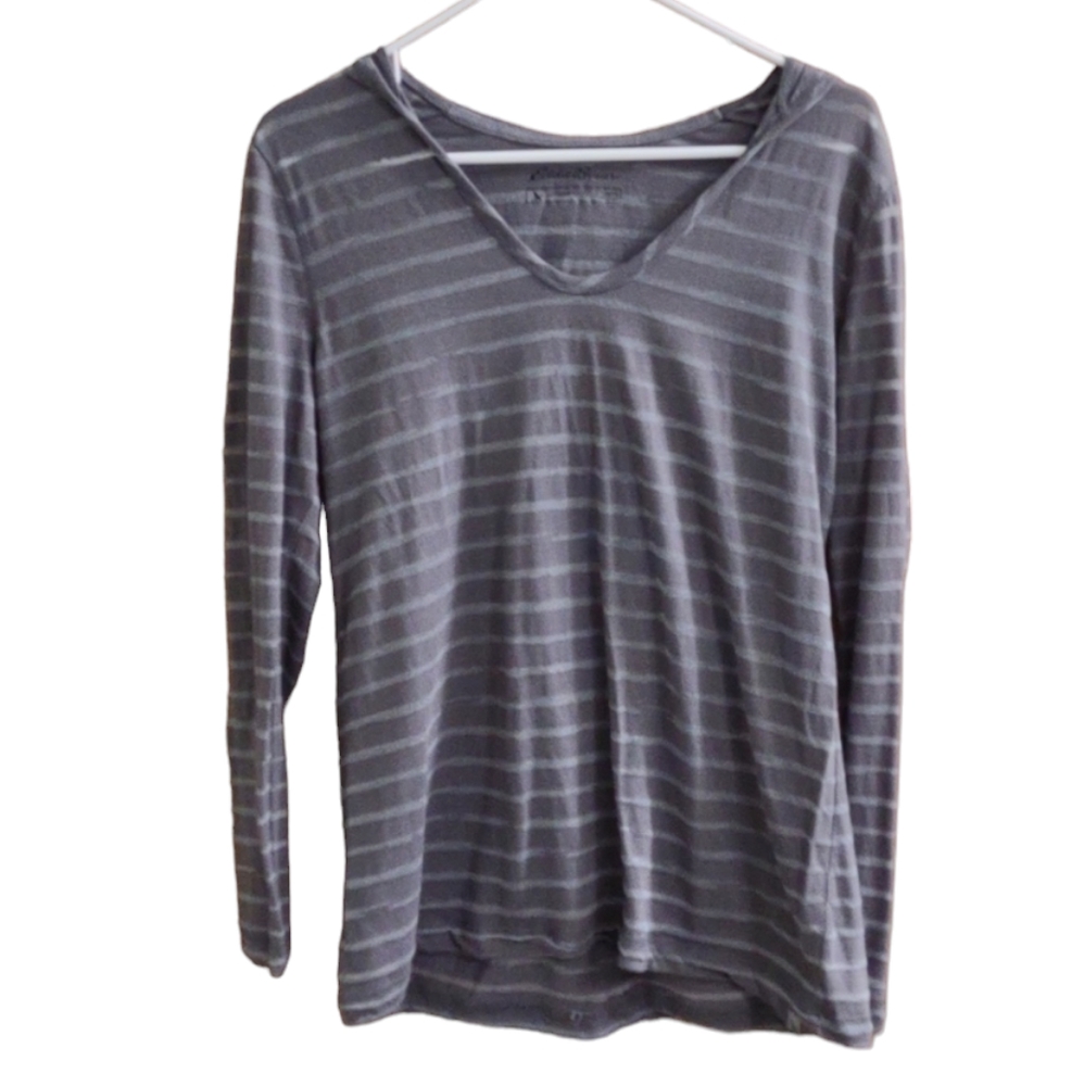 Eddie Bauer gray striped hooded long sleeve t-shirt size large